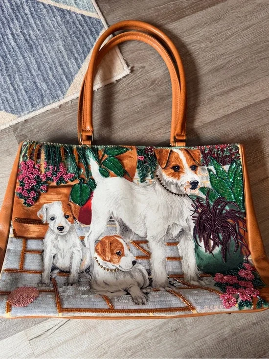 Vintage Isabella Fiore Beaded Jack Russell Terrier Tote Bag Y2K Rare