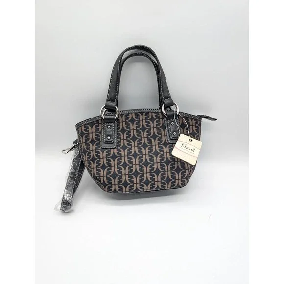 VTG Fossil Signature Satchel Handbag Monogram Canvas Leather Trim‎ CrossbodyNEW