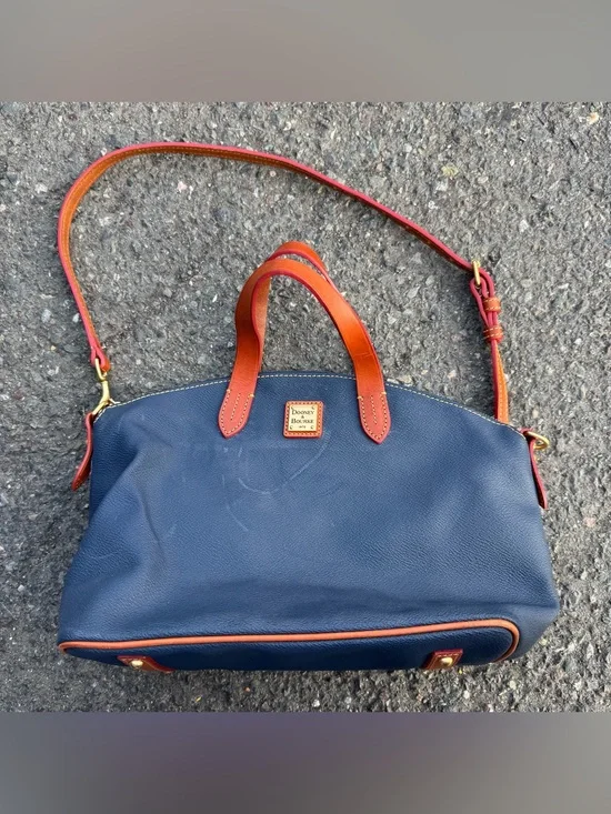 Dooney & BOURKE Handbag Satchel Shoulder Bag Pebble GRAIN Leather Dome Navy Blue