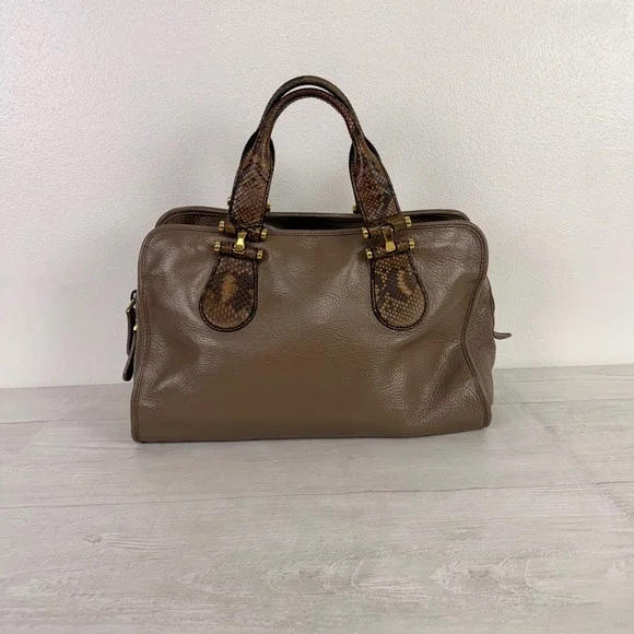 Gucci Satchel Hand Bag Taupe Brown Leather Snakeskin Trim Gold Hardware M Office