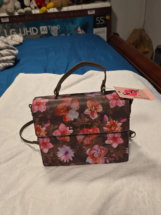 Betsey Johnson Brown Satchel Crossbody with Pink Floral Print‎ NWT