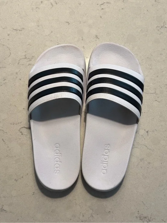 White and Black Adidas Slides - men’s size 8
