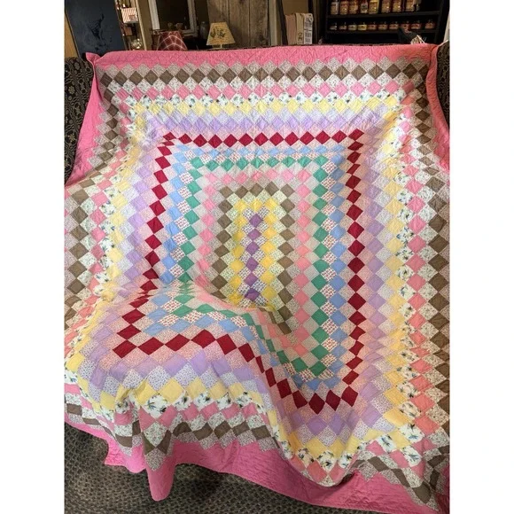 Vintage 1890's Four Patch / Diamonds Antique Quilt ~Gorgeous Early Fabrics!
