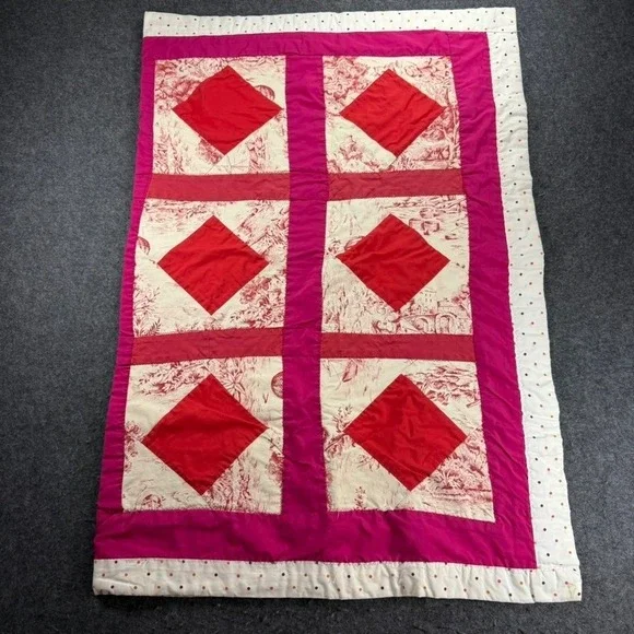 Vintage‎ Handmade Patchwork Quilt Red Diamond Toile Lap Throw 36x54