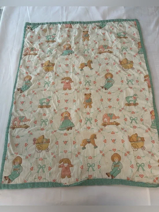 Vintage Hand Stitched Baby Quilt Blanket Mint Green Coral Baby Doll Animals
