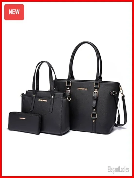3PCS Women's PU Leather Tote Satchel Handbag with Wallet Set