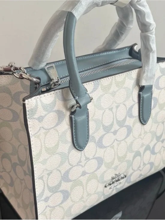 Coach Mini Satchel in Pale Blue and Ivory Signature Print