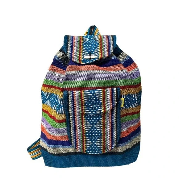 Artesanias Pinzon Woven Drawstring Boho Hippie Bag Beach Backpack Blue Orange