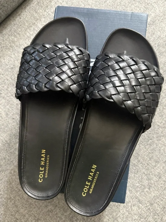 Cole Haan Black Woven Leather Slide Sandals