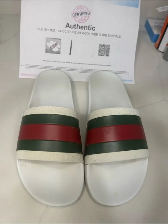 Authentic Gucci Pursuit Web Slides Men 9.5 Women 11 White COA
