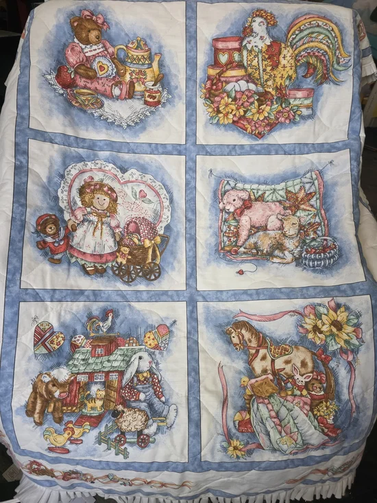 Vintage Baby Storybook  Toy Print Bedding Quilt Ruffle Edge - Blue Multicolor