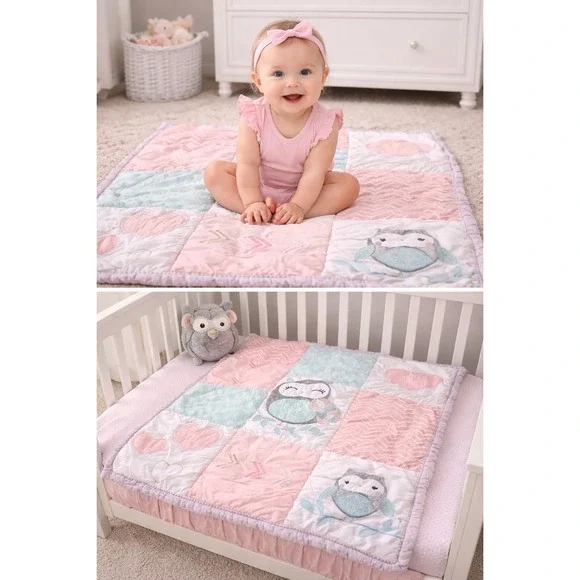 Handmade Baby Quilt Owl Patchwork Pink Aqua Nursery‎ Crip Lap 42x32