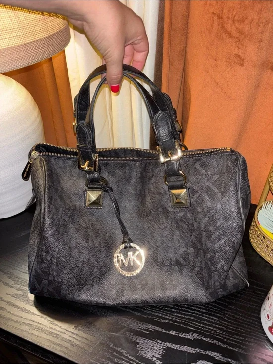 Michael Kors Black Signature Satchel with Gold Accents