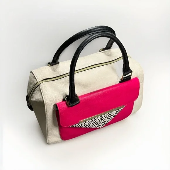 Betsy Johnson Satchel Handbag Ivory‎ Black Pink Medium Size