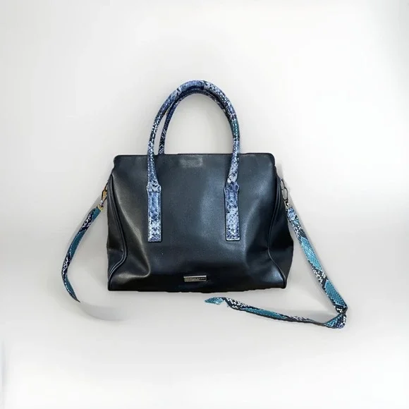 Christian Siriano‎ New York Black Faux Leather Satchel Tote Blue Python B1