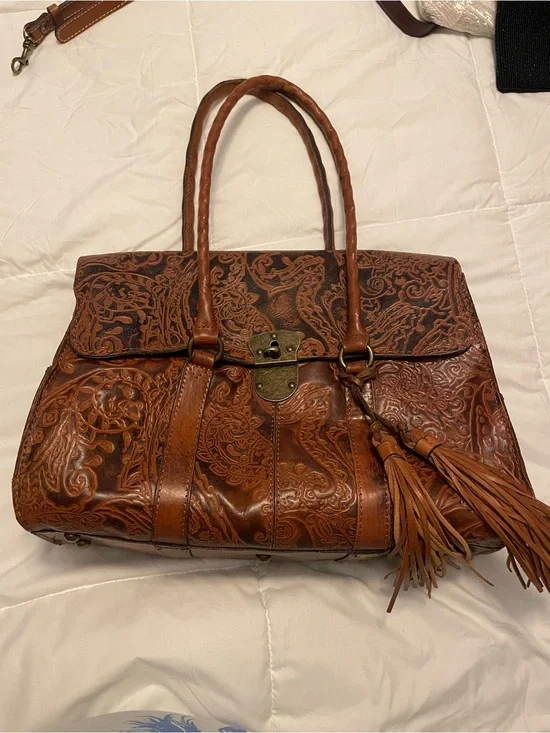 Patricia Nash Embossed Leather Tassel Satchel - Cognac Brown