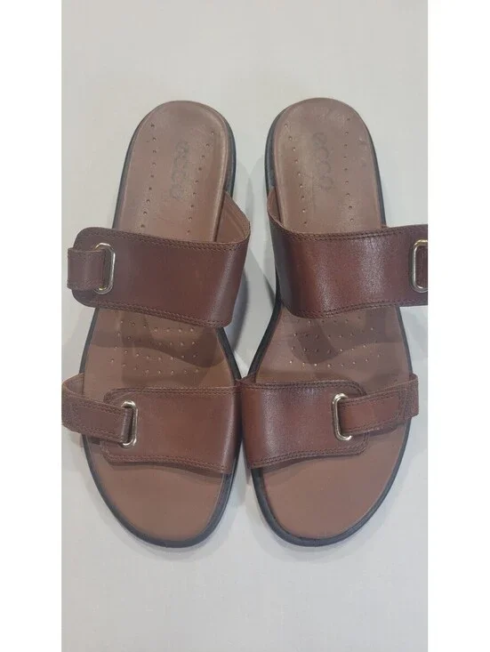 ECCO Brown Leather Slide Sandals with Adjustable Straps and Cushioned Insoles, 9