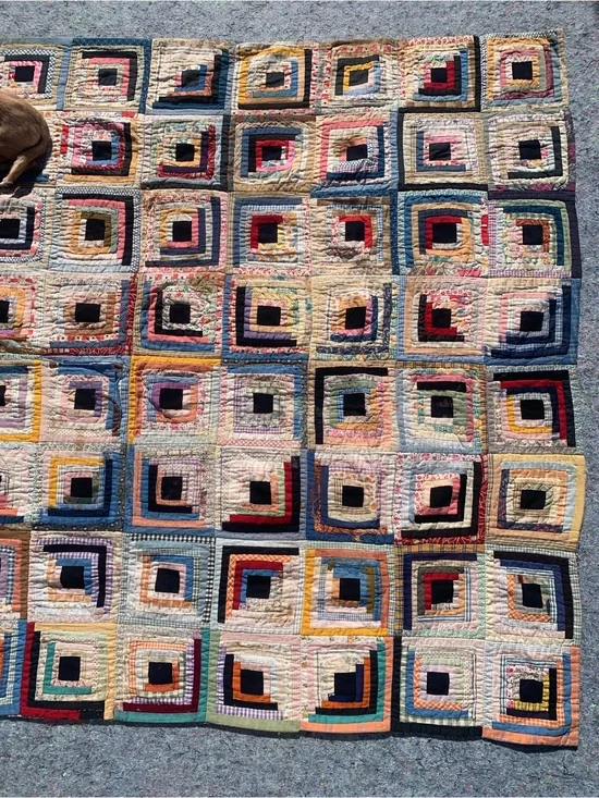 Antique 1940s or older multicolor multi-material log cabin quilt