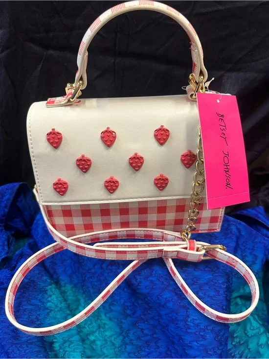 Betsey Johnson White & Red Strawberry Gingham Satchel