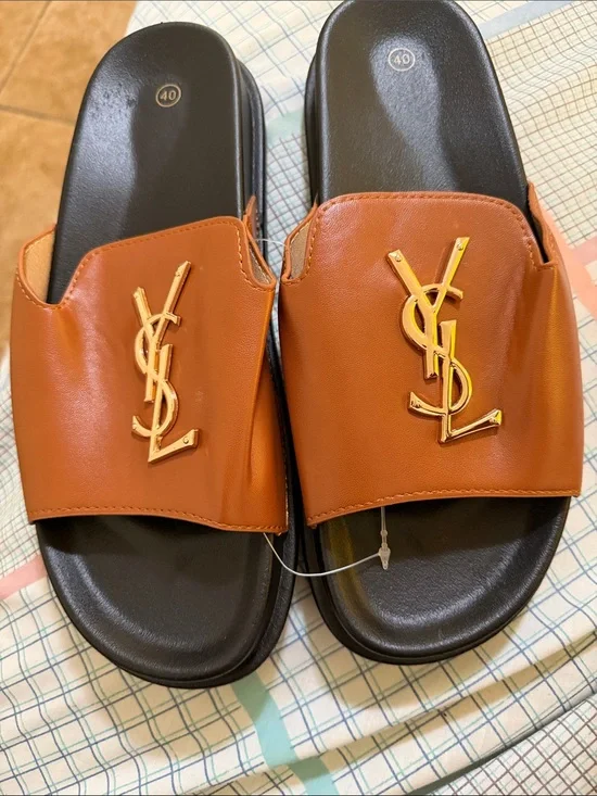 Saint Laurent-Inspired Tan Leather Slide Sandals with Gold Logo