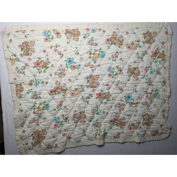 Vintage Baby Quilt Bears Bubbles Flowers 33x54 Inch‎