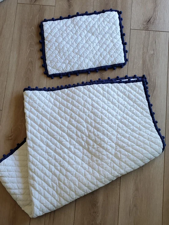 Pottery Barn Kids Crib White Quilted Set with Navy Pom Trim