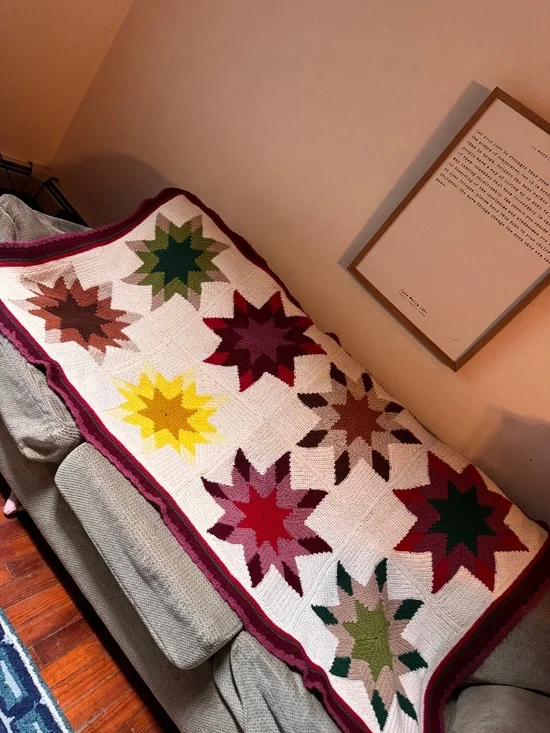 Hand crochet point stars afghan blanket 77.5 by 45  handmade knit throw featurin