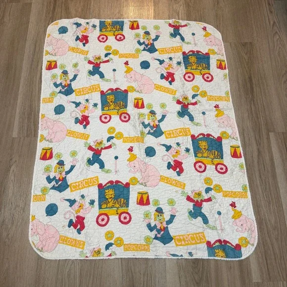 Vintage Circus Clown Baby‎ Quilt Blanket White Multicolor 51x41 1970s 1980s