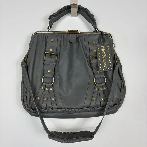Vtg Betsey Johnson Shoulder Purse Satchel Studs Ruffles‎ Charms Y2K Gray