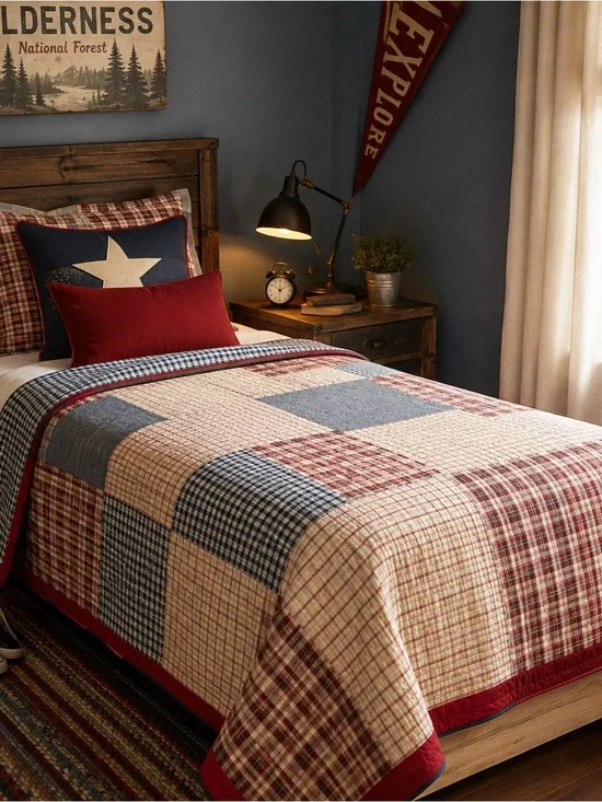 Cotton Patchwork Quilt  Twin 68” x 85” – Red Navy Plaid Gingham