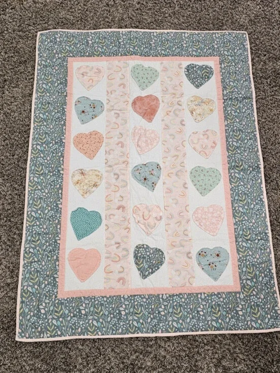 Handmade Baby Crib Quilt Patchwork Heart Print Pastel Colors Cottagecore