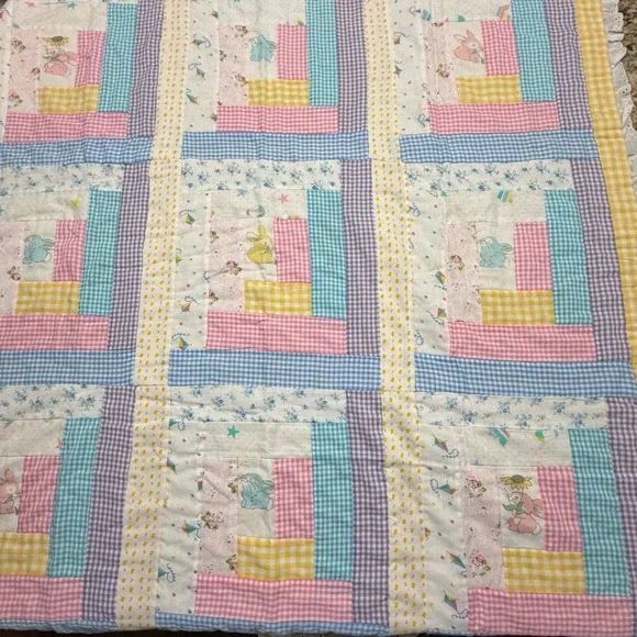 Vintage Handmade Baby Quilt‎ Pastel Gingham Bunny Log Cabin Eyelet Trim 44x45