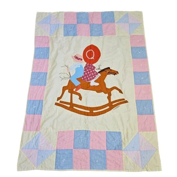 Vintage 70s‎ Homemade Holly Hobbie Quilt Handmade Rocking Horse Patchwork 45x61
