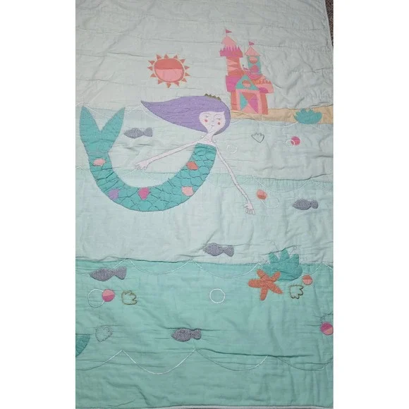 The Land of Nod Mermaid Mixer Quilt Twin Aqua Pink Castle Metallic Embroidery