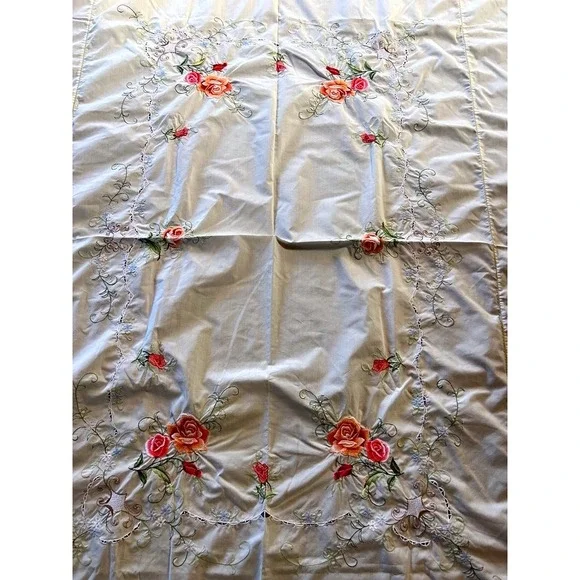 Vintage Floral Embroidered Bedspread‎ Covering Topper Pink Orange Roses Cutwork