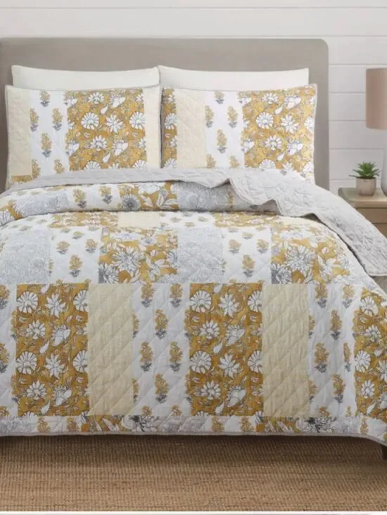 Golden Saffron Patchwork Queen Quilt Set Cottage Floral Shabby Chic