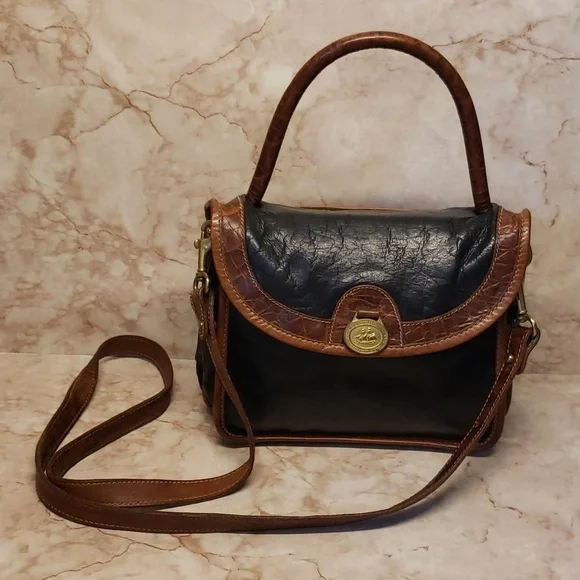 Brahmin vintage satchel crossbody black leather brown embosed croc trim …