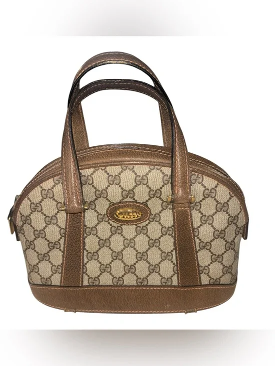 Gucci Beige GG Canvas and Brown Leather Top-Handle Satchel