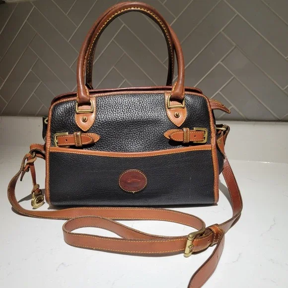 Dooney & Bourke Vintage All Weather Leather Buckle Satchel Black Tan Bag 90s