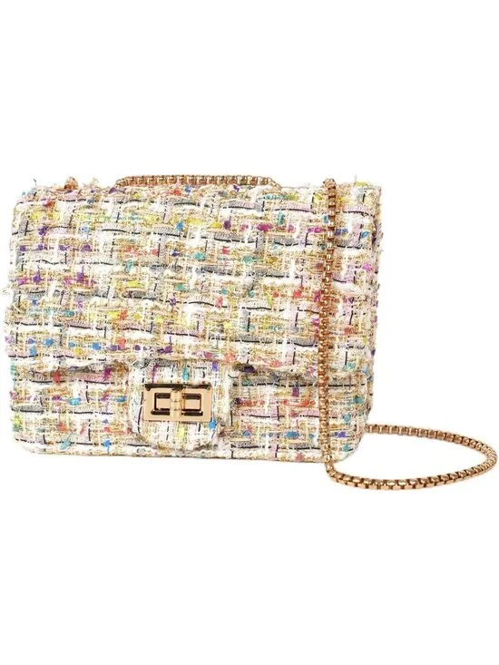 👜Women's White Tweed Chain Bag Quilted Flap Crossbody Purse For Wedding
