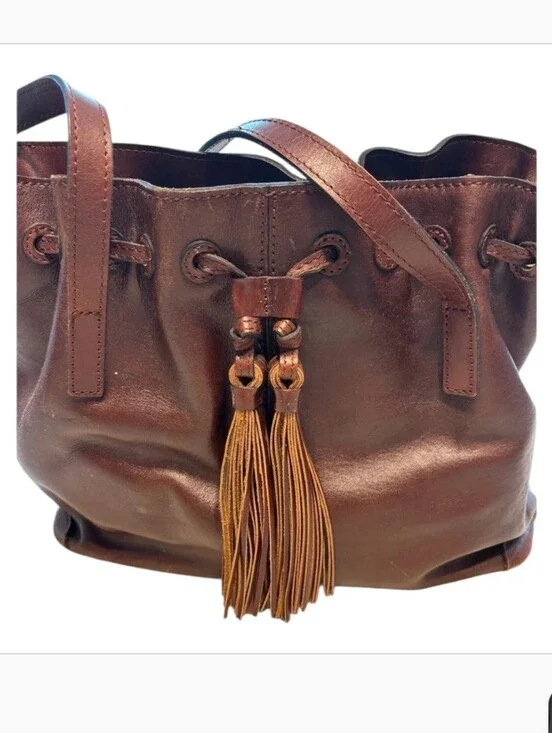 Patricia Nash Witney leather drawstring shoulder tote in a rich British Tan
