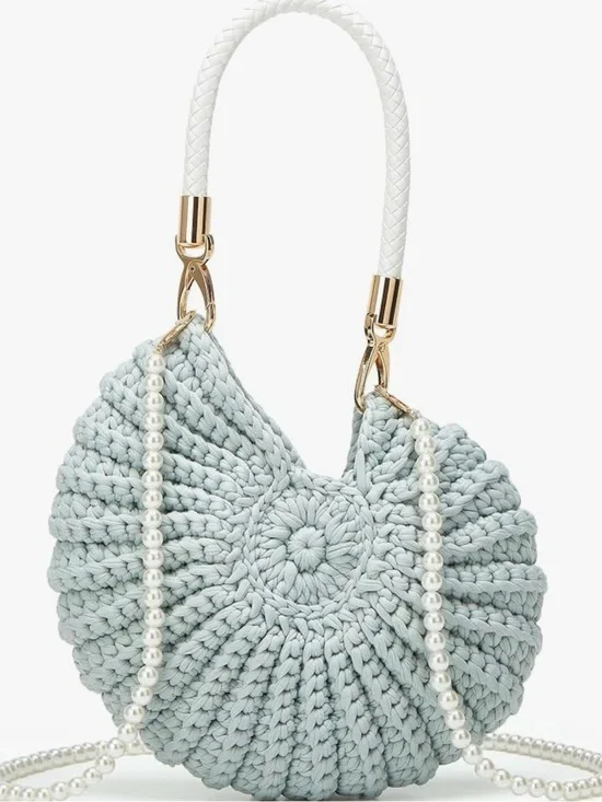 Crochet Seashell Purse Round Crochet Shoulder Bag in Light Blue with Pearl Stra