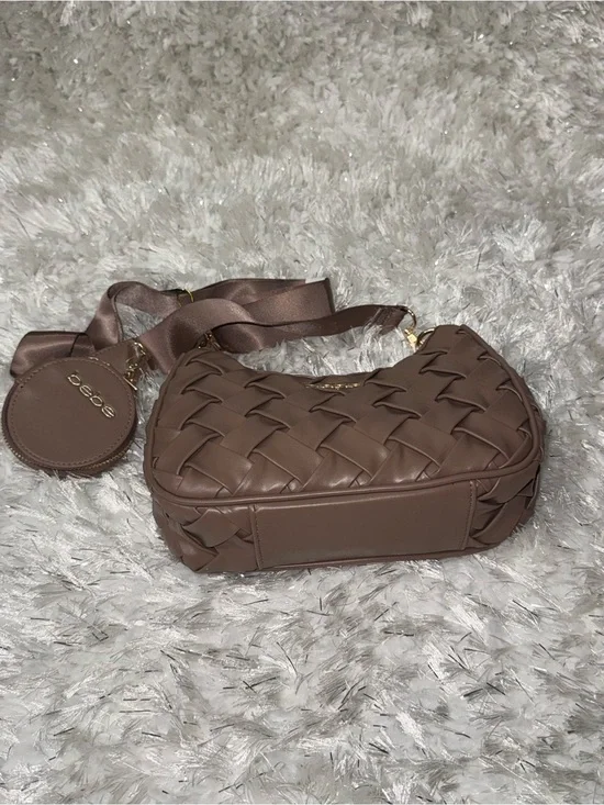 bebe Woven Shoulder Bag in Taupe Brown with Coin Pouch