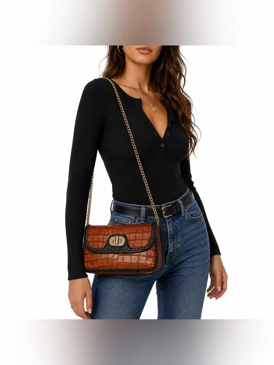 Badgley Mischka Brown Croc Embossed Shoulder Bag Gold Chain Whipstitch