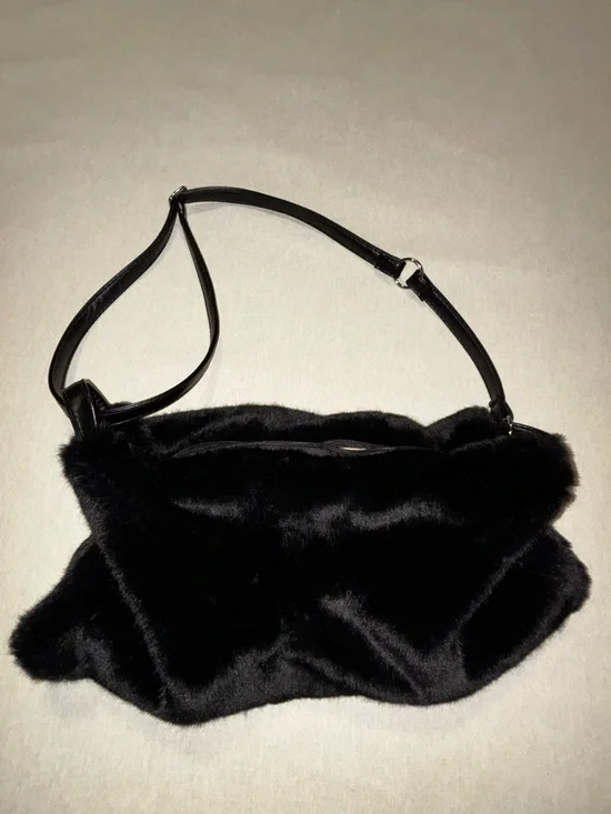 Unbranded. Black Faux Rabbit Convertible Shoulder Bag with Suede Lining