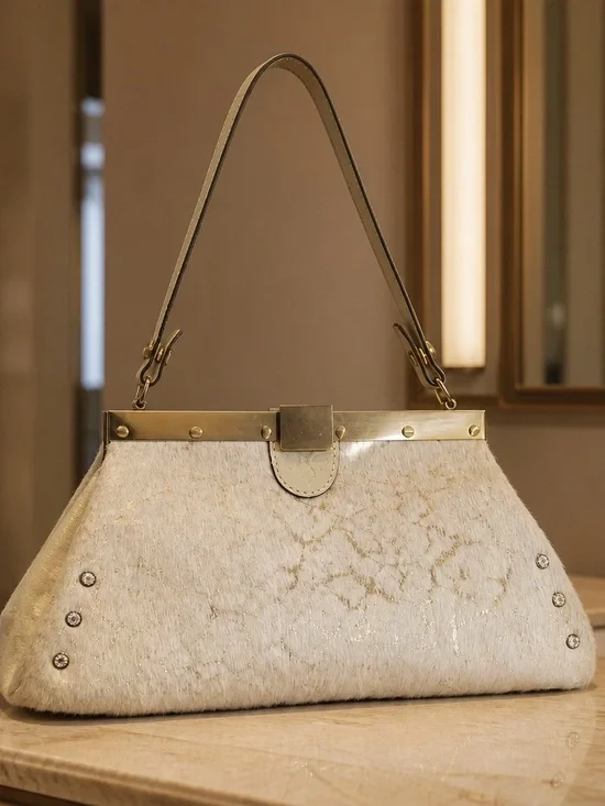 Patricia Nash Cream Haircalf Shoulder Bag with Gold Hardware