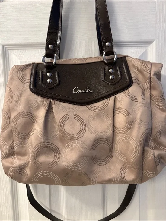 Coach Ashley Taupe Shoulder Tote with Brown Patent Leather Trim, includes Strap