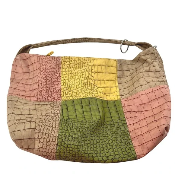Multicolor Patchwork Croc Embossed Hobo Shoulder‎ Bag Large Slouchy Boho Zipper