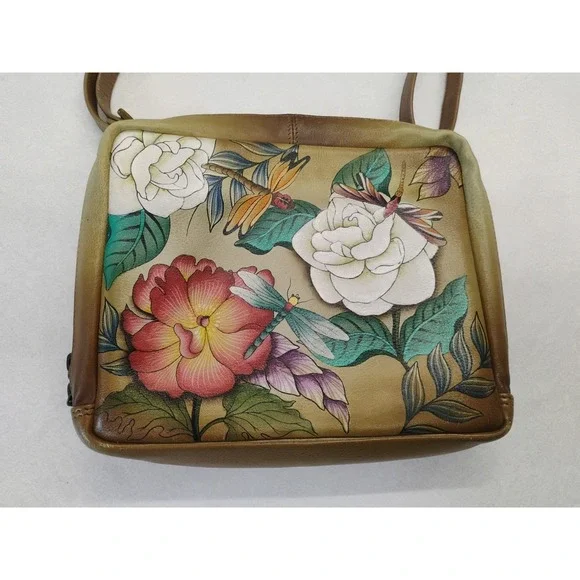 ANUSCHKA Leather Shoulder Bag Hand Painted Colorful Dragonfly & Floral Design‎