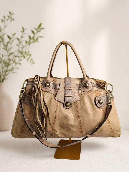 GUESS Collection Vintage Y2K Large Tan Satchel Shoulder Bag Tassel
